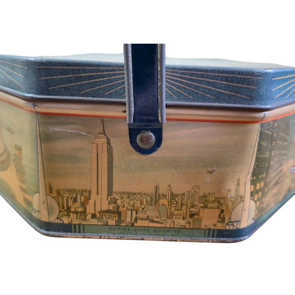 RARE Loose-Wiles Tin 1939 New York Worlds Fair Tin w Handle Vintage Collectible - Picture 3 of 16